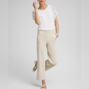 Chico’s Pull-On Button Detail Wide Leg Ankle Jeans Women Size 3.5 Tan Stretch